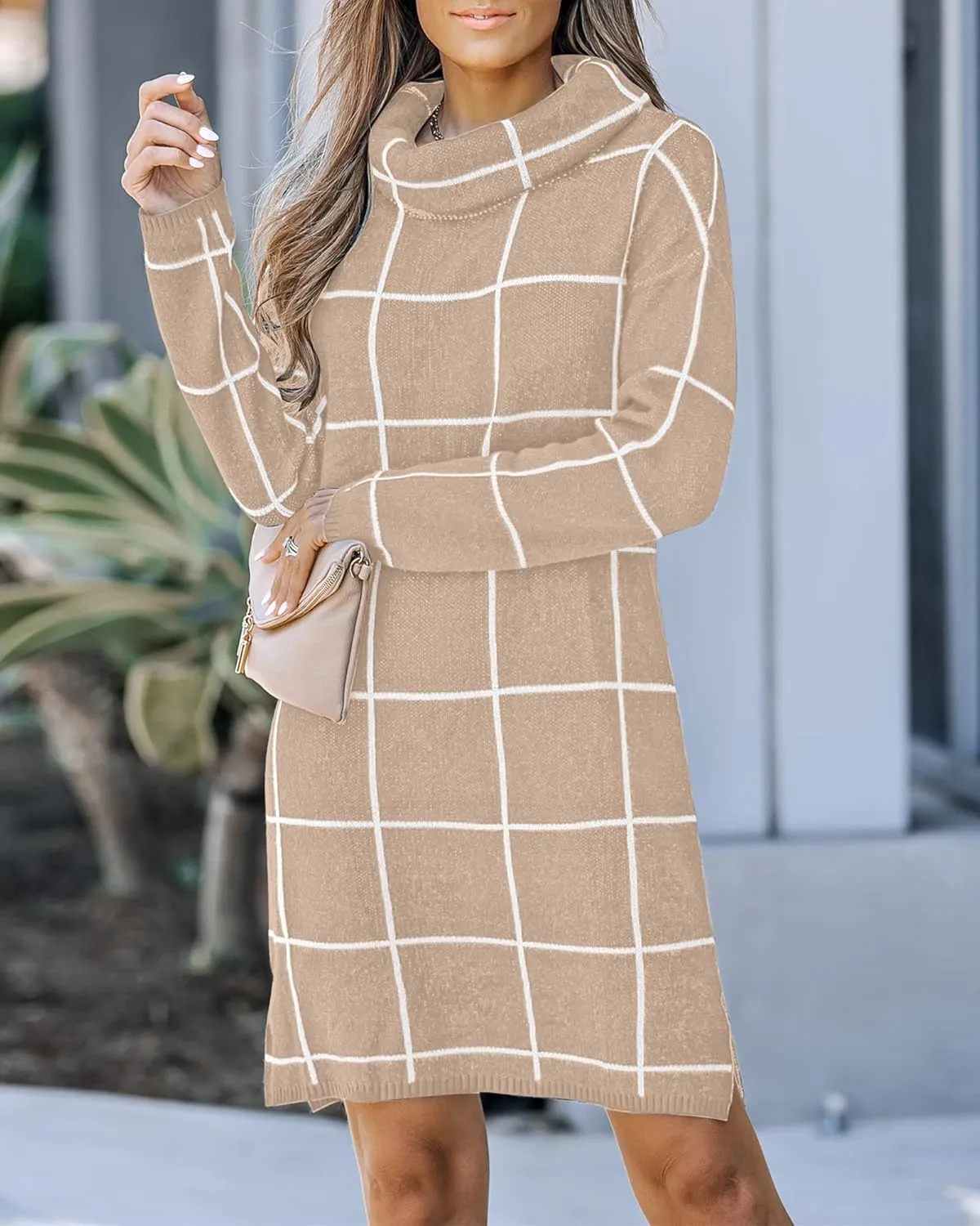 luvamia Women Casual Turtleneck Knitted Sweater Cozy Grid Pullover Sweater Dress