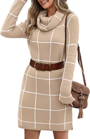luvamia Women Casual Turtleneck Knitted Sweater Cozy Grid Pullover Sweater Dress