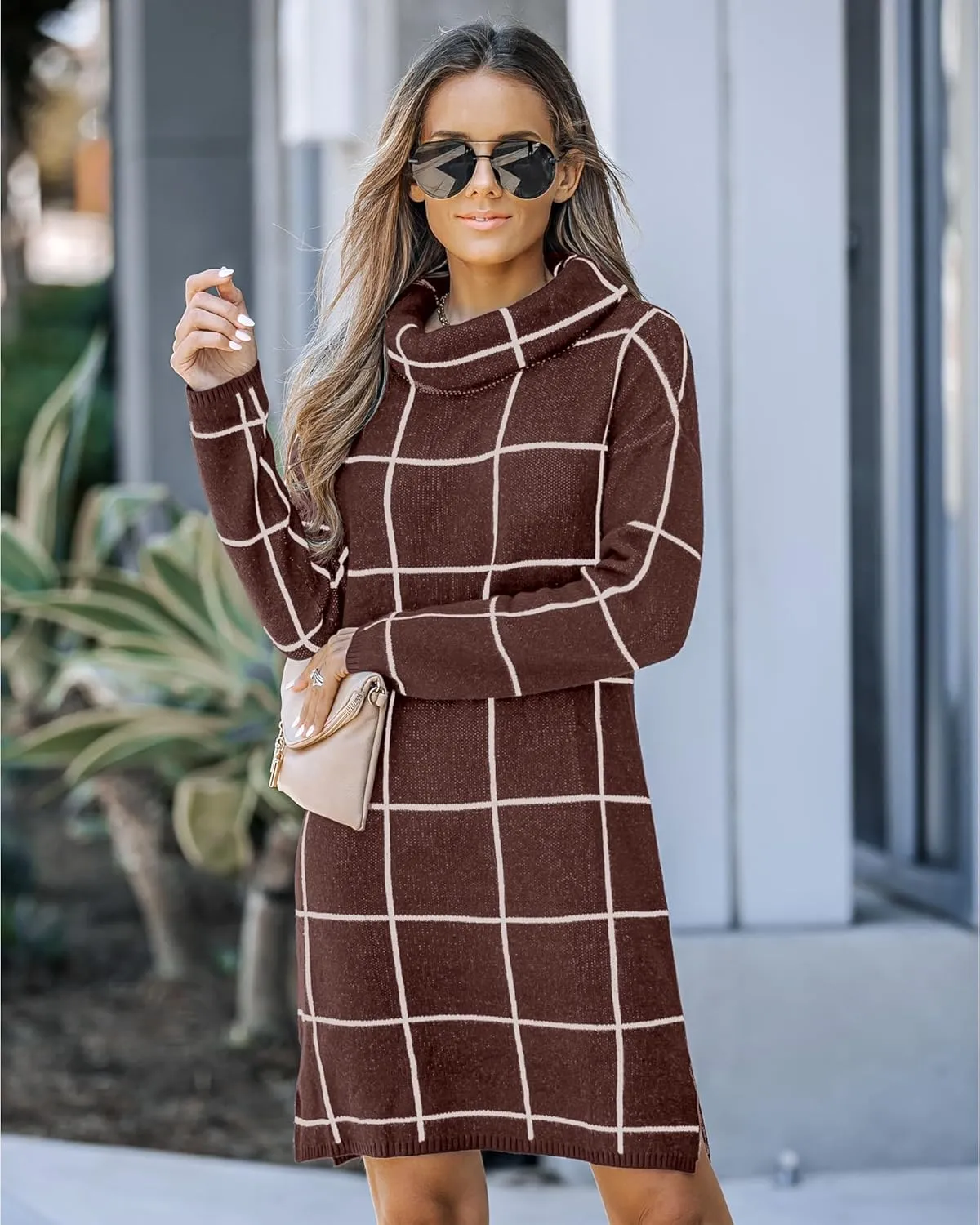 luvamia Women Casual Turtleneck Knitted Sweater Cozy Grid Pullover Sweater Dress