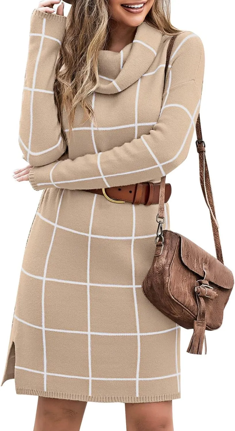 luvamia Women Casual Turtleneck Knitted Sweater Cozy Grid Pullover Sweater Dress