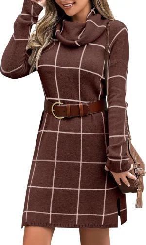 luvamia Women Casual Turtleneck Knitted Sweater Cozy Grid Pullover Sweater Dress