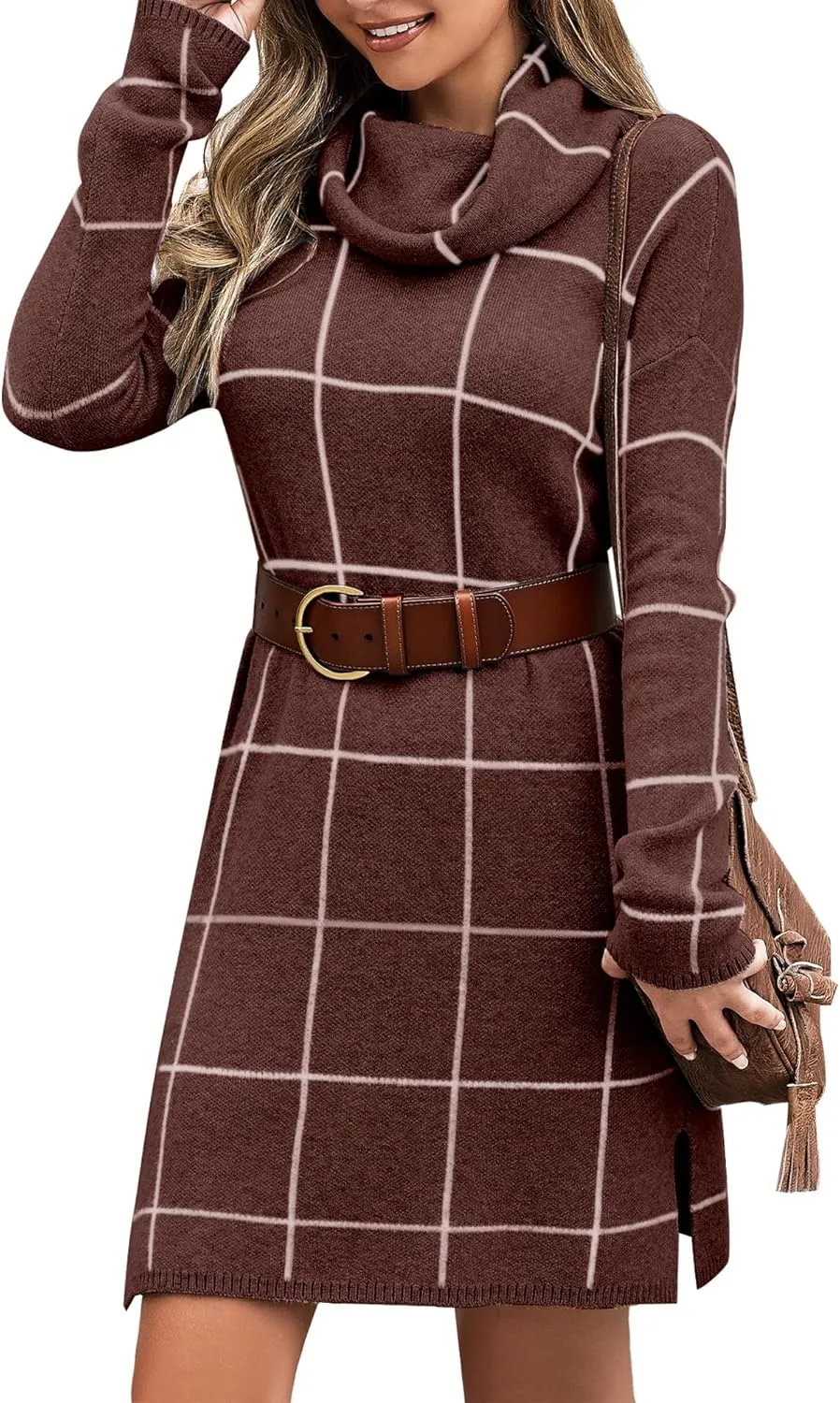 luvamia Women Casual Turtleneck Knitted Sweater Cozy Grid Pullover Sweater Dress