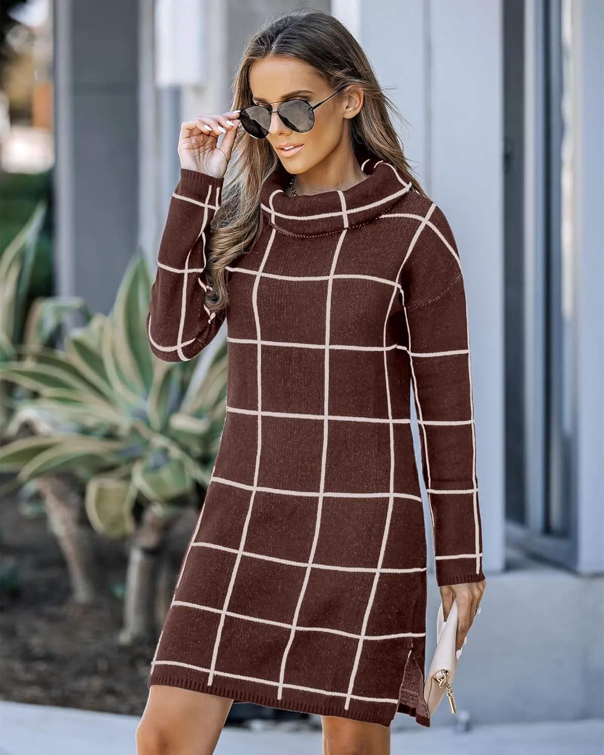 luvamia Women Casual Turtleneck Knitted Sweater Cozy Grid Pullover Sweater Dress