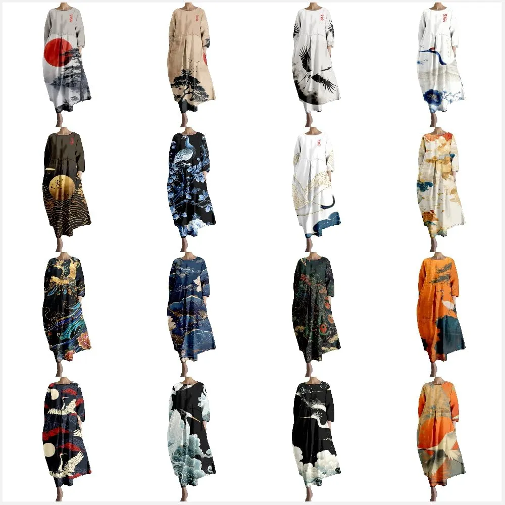 MARSVOVO Casual Boho Dress for Women Summer 2024 Trendy Plus Size Bird Print Crewneck 3/4 Sleeved Hide Belly Maxi Dress