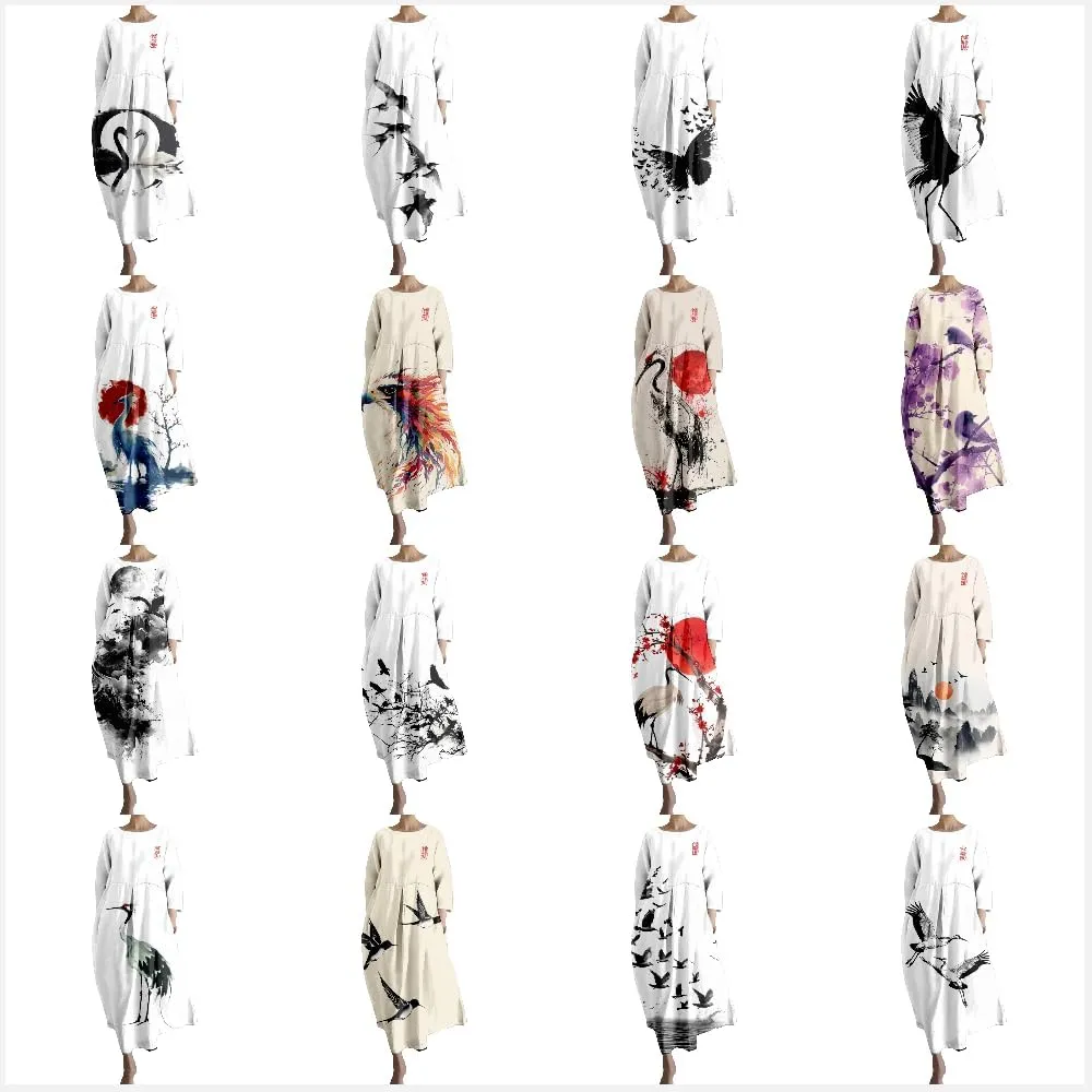 MARSVOVO Casual Boho Dress for Women Summer 2024 Trendy Plus Size Bird Print Crewneck 3/4 Sleeved Hide Belly Maxi Dress