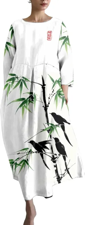 MARSVOVO Casual Boho Dress for Women Summer 2024 Trendy Plus Size Bird Print Crewneck 3/4 Sleeved Hide Belly Maxi Dress