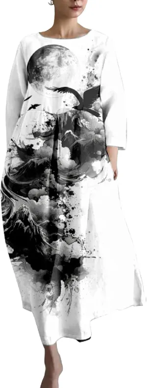 MARSVOVO Casual Boho Dress for Women Summer 2024 Trendy Plus Size Bird Print Crewneck 3/4 Sleeved Hide Belly Maxi Dress
