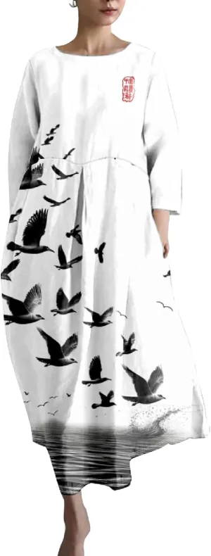 MARSVOVO Casual Boho Dress for Women Summer 2024 Trendy Plus Size Bird Print Crewneck 3/4 Sleeved Hide Belly Maxi Dress