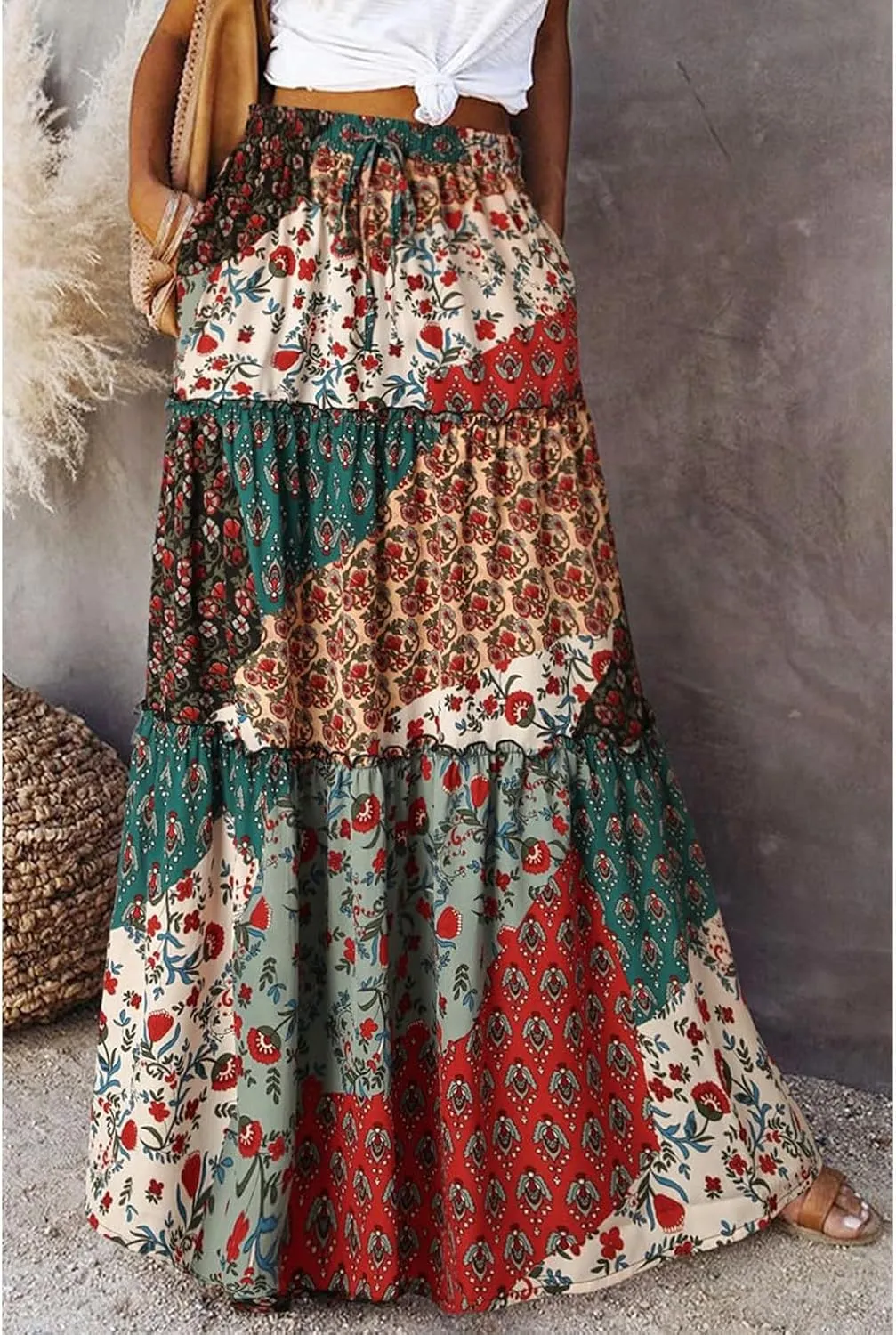 Maxi Skirts for Women Boho Floral Tiered Skirt with Pocket 2025 Summer Elastic Waist Vacation A-Line Long Skirts