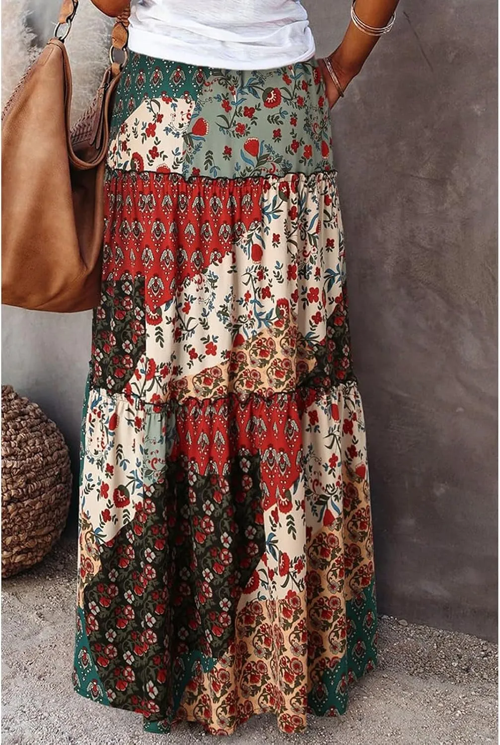 Maxi Skirts for Women Boho Floral Tiered Skirt with Pocket 2025 Summer Elastic Waist Vacation A-Line Long Skirts