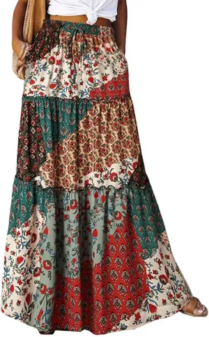Maxi Skirts for Women Boho Floral Tiered Skirt with Pocket 2025 Summer Elastic Waist Vacation A-Line Long Skirts