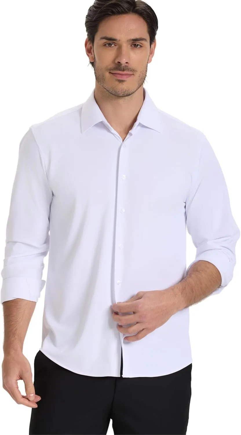 Mens Dress Shirt Wrinkle Free Knit Button Down Shirt Long Sleeve Business Shirt