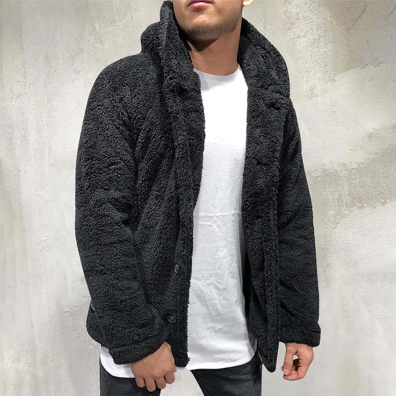 Mens Fluffy Fuzzy Jacket,Plush Fleece Casual Winter Fall Button Up Cardigan Coat Soft Sherpa Outerwear