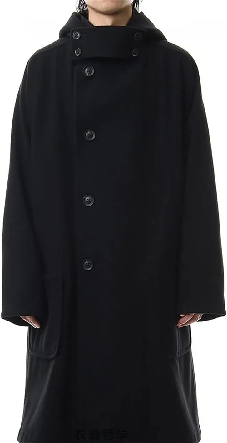 Men's Single Breasted Trench Coat Dark Medium Length Hooded Long Large Size Loose Coat