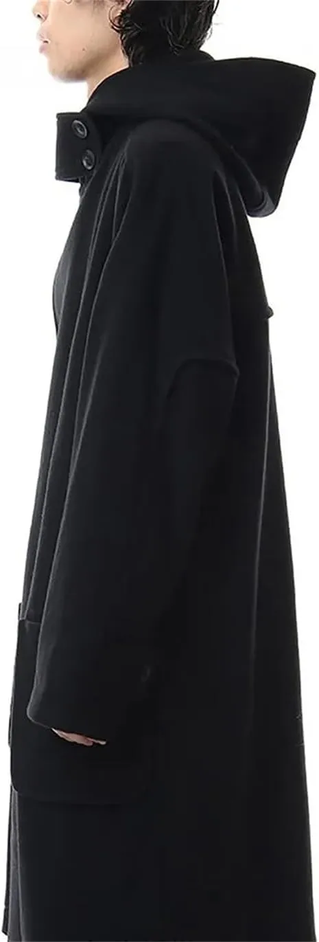 Men's Single Breasted Trench Coat Dark Medium Length Hooded Long Large Size Loose Coat