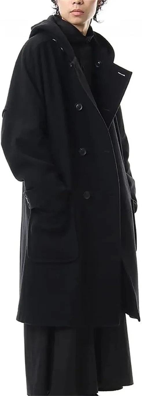 Men's Single Breasted Trench Coat Dark Medium Length Hooded Long Large Size Loose Coat