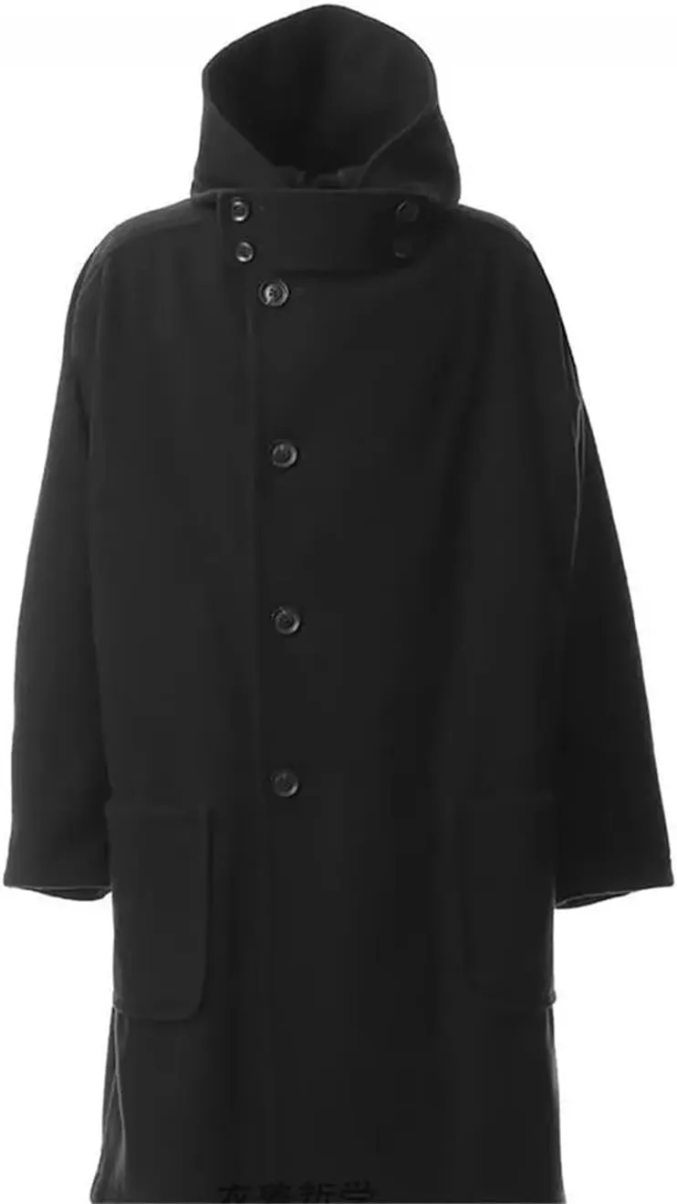 Men's Single Breasted Trench Coat Dark Medium Length Hooded Long Large Size Loose Coat
