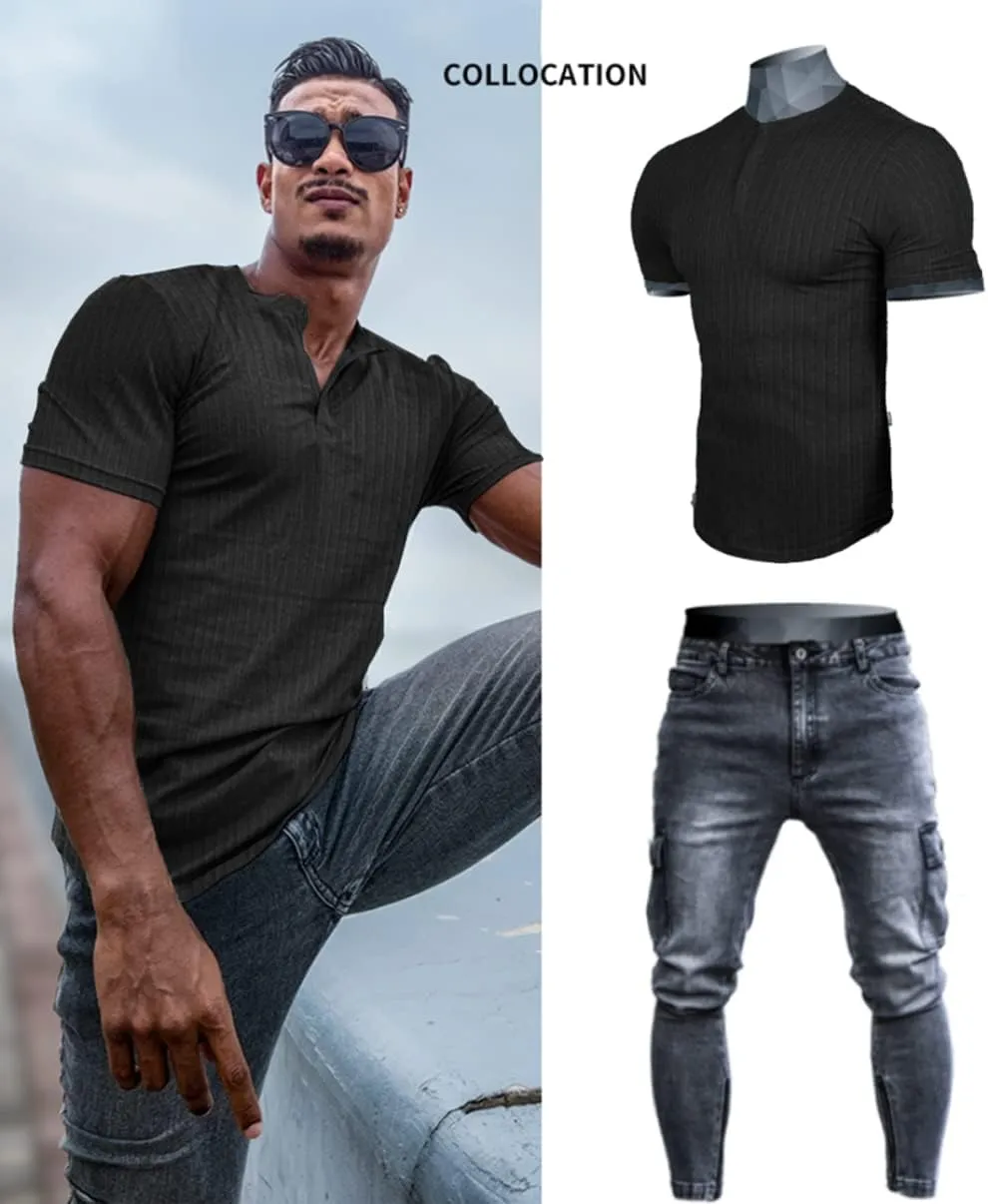 Muscle Cmdr Men's Ribbed Henley Shirt Slim Fit Muscle Shirt Fitted Cotton Short&Long Sleeve Casual T-Shirt