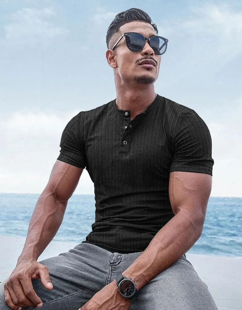 Muscle Cmdr Men's Ribbed Henley Shirt Slim Fit Muscle Shirt Fitted Cotton Short&Long Sleeve Casual T-Shirt