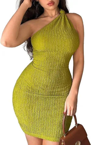 Narecte Women's Bodycon Mini Dress One Shoulder Sexy Club Dress Womens Cocktail Dress Party Short Dress for Women