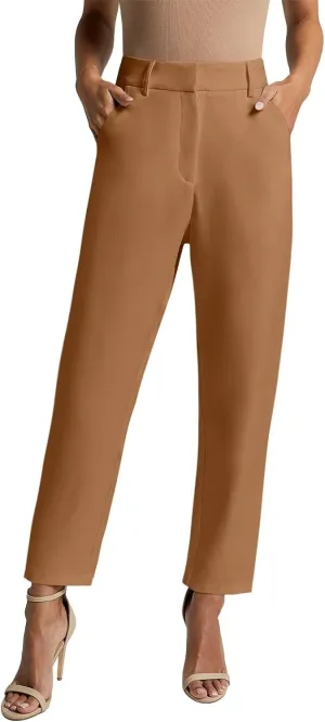 NIMIN Womens Work Dress Business Casual Pants High Waisted Office Trousers Straight Leg Ankle Slacks Pockets 2025 Summer Outfits Brown Long Length Medium