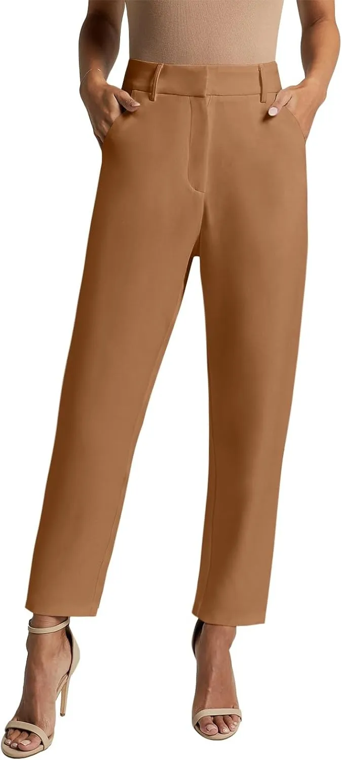 NIMIN Womens Work Dress Business Casual Pants High Waisted Office Trousers Straight Leg Ankle Slacks Pockets 2025 Summer Outfits Brown Long Length Medium
