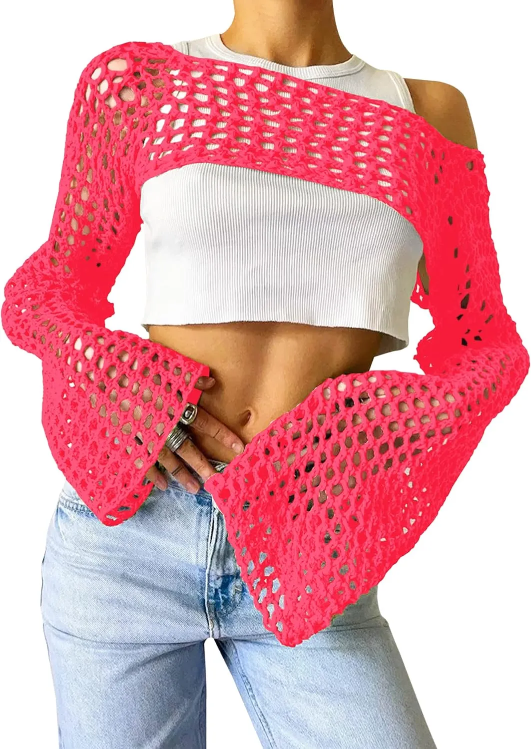 PICPUNMAK Women Grunge Crochet Knit See Through Crop Tops Cover Up Shrug Long Sleeve Crew Neck Casual Cropped Smock Top