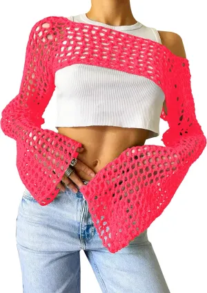 PICPUNMAK Women Grunge Crochet Knit See Through Crop Tops Cover Up Shrug Long Sleeve Crew Neck Casual Cropped Smock Top