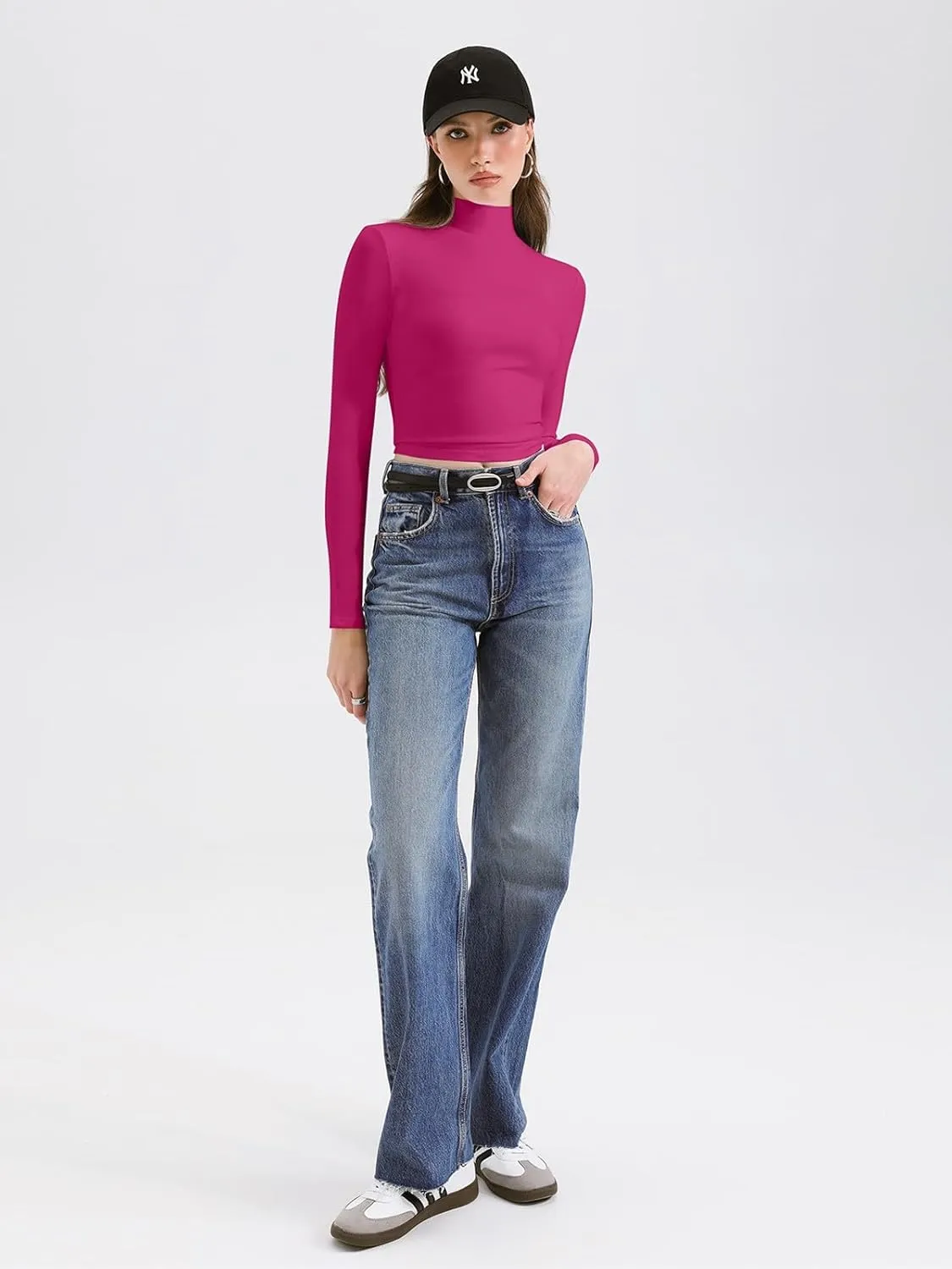 REORIA Women's Basic Cute Mock Turtleneck Long Sleeve Ribbed Tight Tshirts Crop Tops