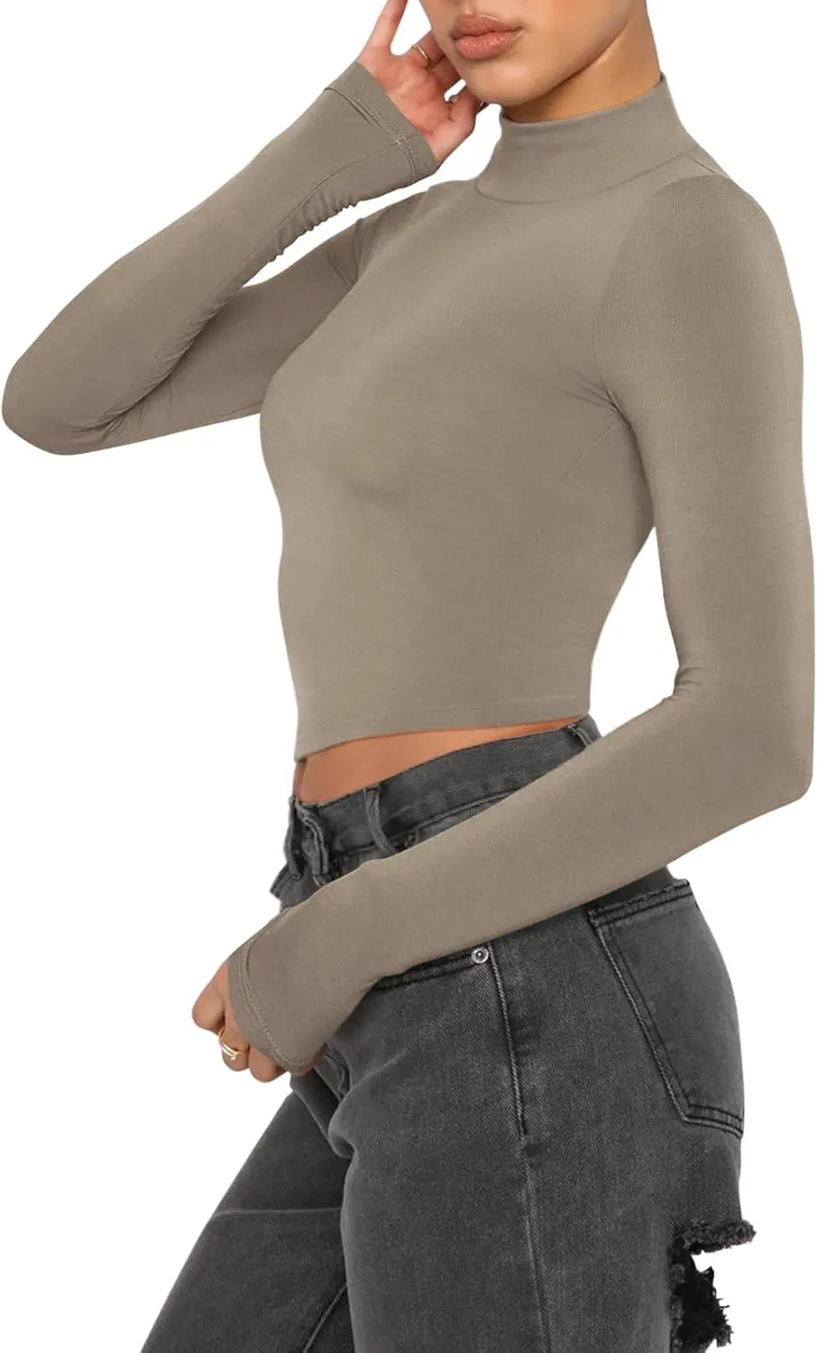 REORIA Women's Basic Cute Mock Turtleneck Long Sleeve Ribbed Tight Tshirts Crop Tops