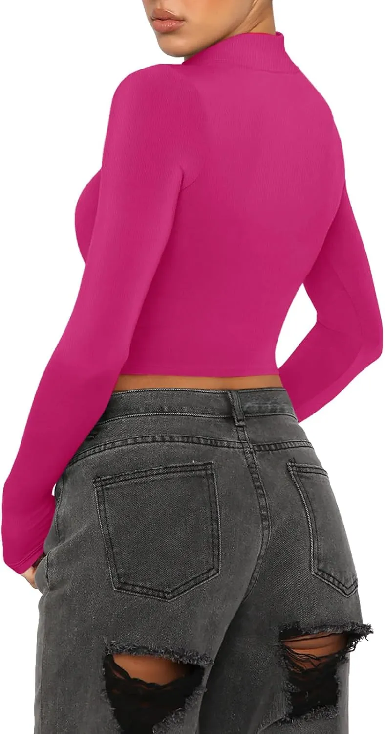 REORIA Women's Basic Cute Mock Turtleneck Long Sleeve Ribbed Tight Tshirts Crop Tops
