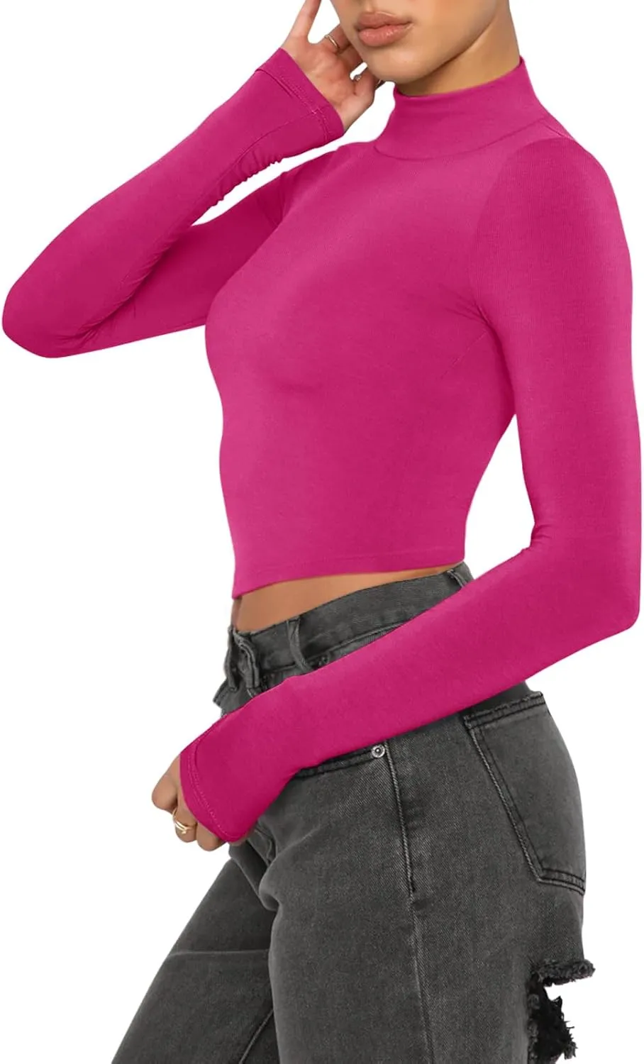 REORIA Women's Basic Cute Mock Turtleneck Long Sleeve Ribbed Tight Tshirts Crop Tops