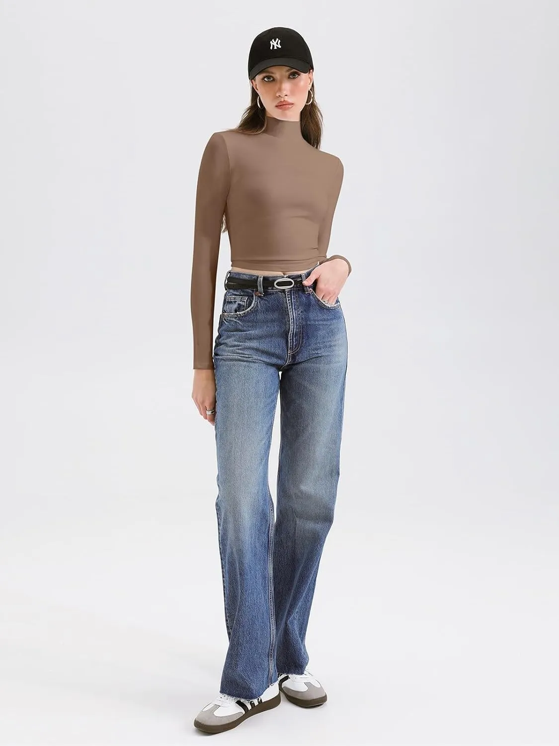 REORIA Women's Basic Cute Mock Turtleneck Long Sleeve Ribbed Tight Tshirts Crop Tops