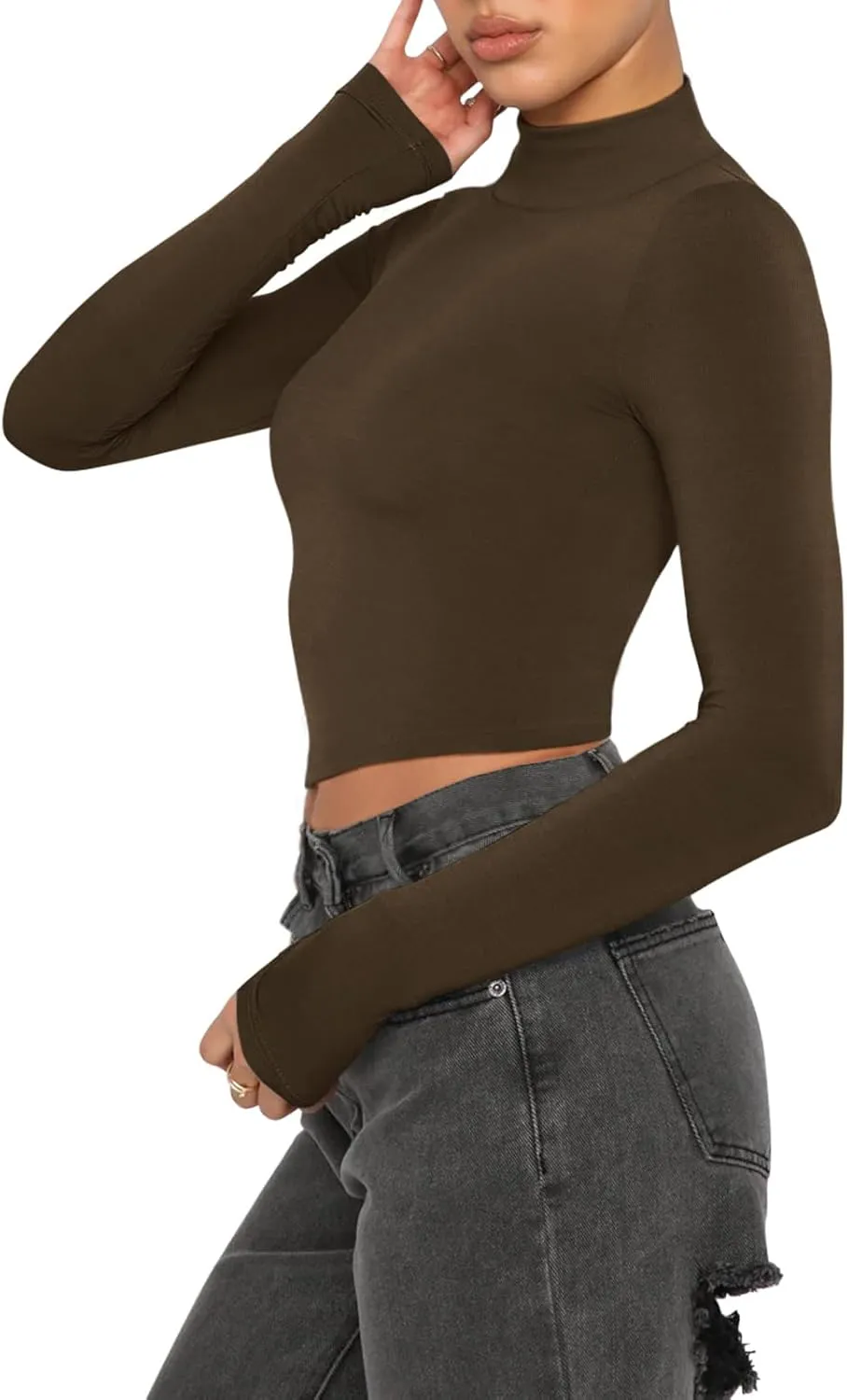 REORIA Women's Basic Cute Mock Turtleneck Long Sleeve Ribbed Tight Tshirts Crop Tops
