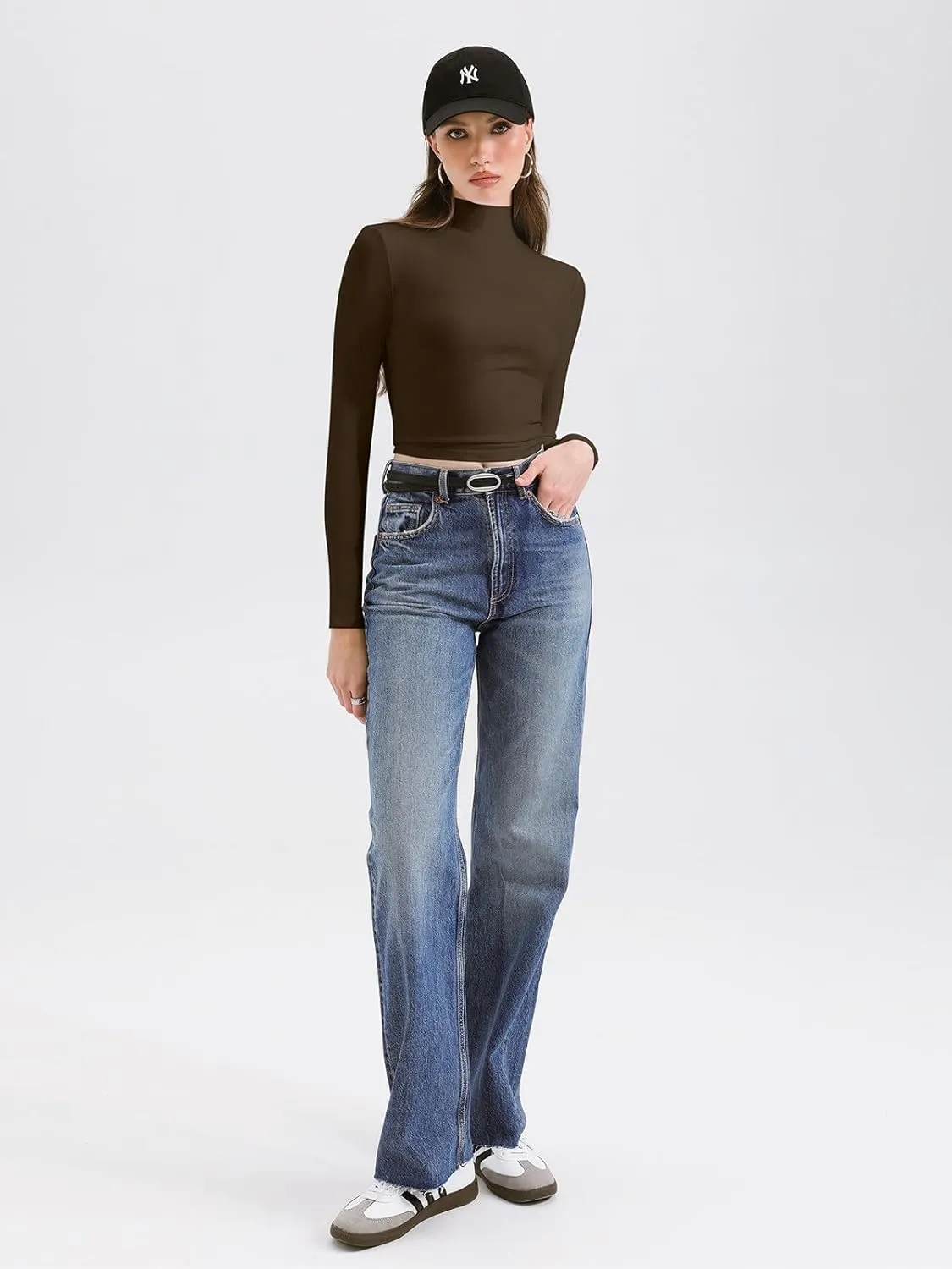 REORIA Women's Basic Cute Mock Turtleneck Long Sleeve Ribbed Tight Tshirts Crop Tops