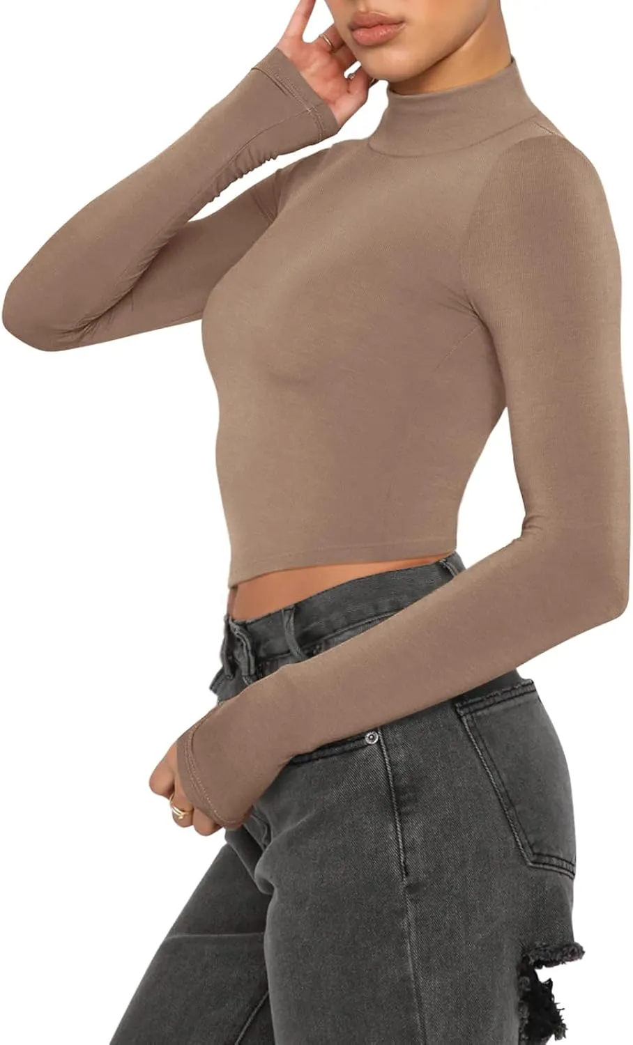 REORIA Women's Basic Cute Mock Turtleneck Long Sleeve Ribbed Tight Tshirts Crop Tops