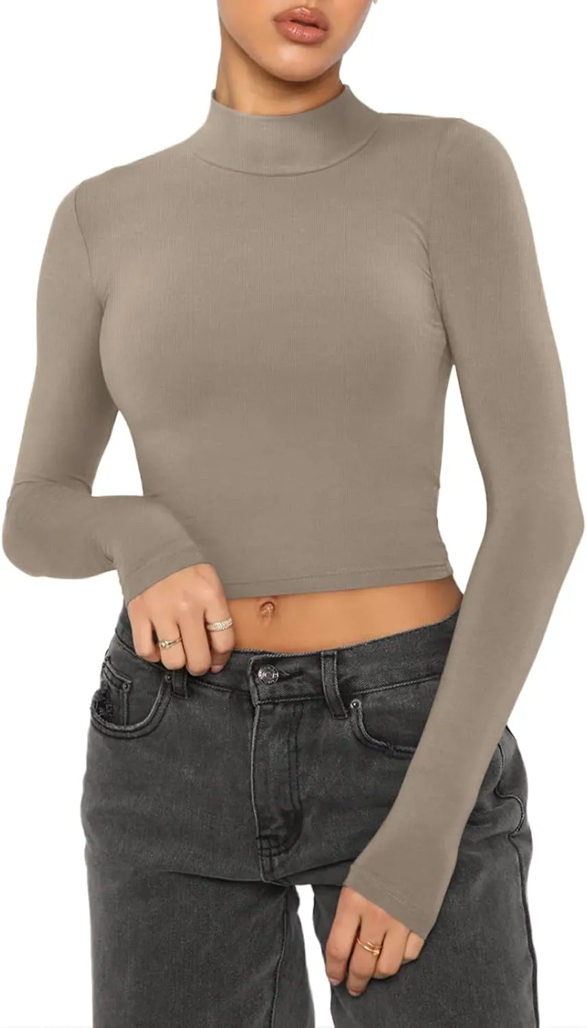 REORIA Women's Basic Cute Mock Turtleneck Long Sleeve Ribbed Tight Tshirts Crop Tops