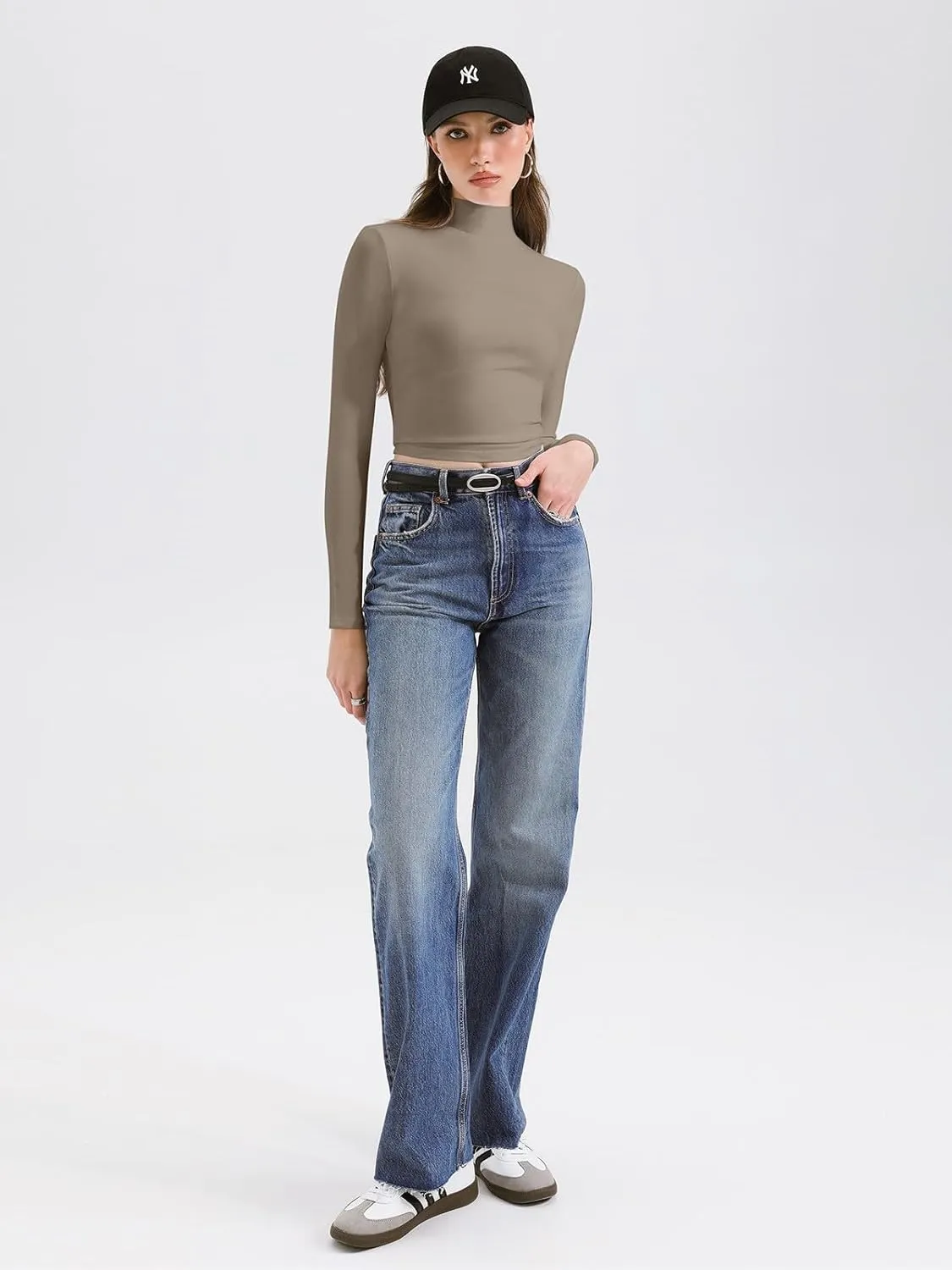 REORIA Women's Basic Cute Mock Turtleneck Long Sleeve Ribbed Tight Tshirts Crop Tops
