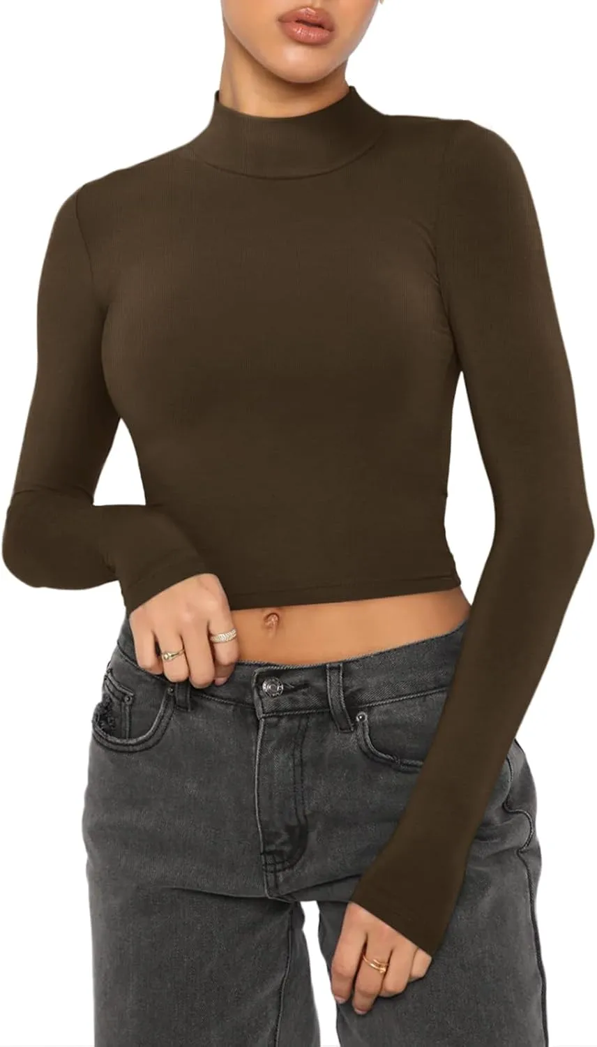 REORIA Women's Basic Cute Mock Turtleneck Long Sleeve Ribbed Tight Tshirts Crop Tops