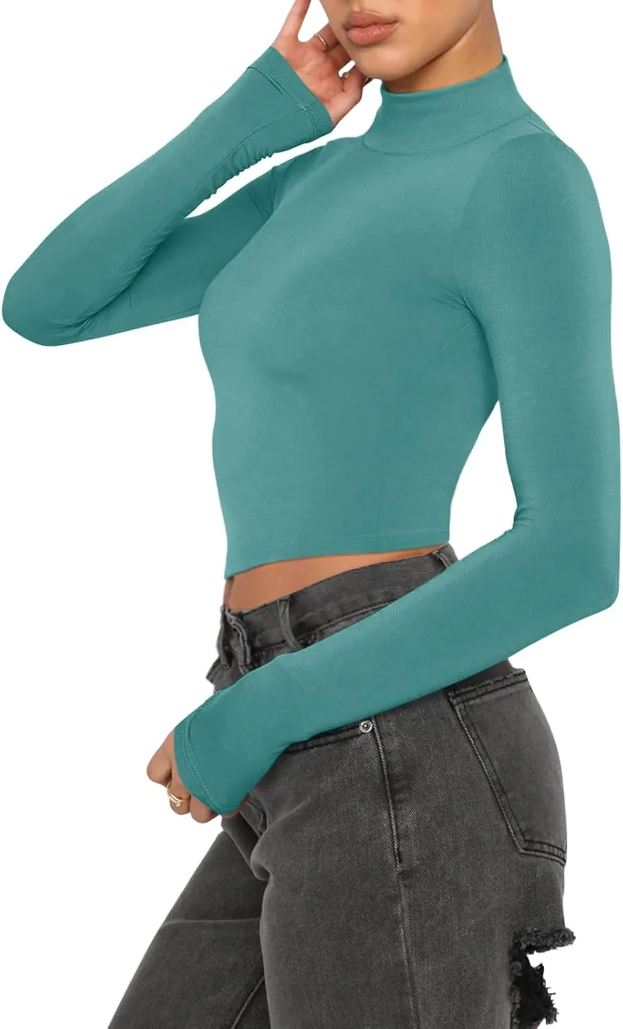 REORIA Women's Basic Cute Mock Turtleneck Long Sleeve Ribbed Tight Tshirts Crop Tops