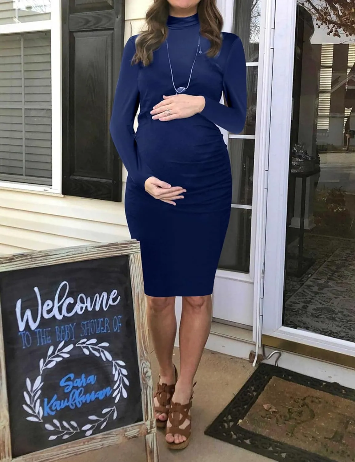 Rheane Turtleneck Maternity Dress, Pregnancy Dress for Fall & Winter; Maternity Sweater Dress for Baby Shower, Christmas