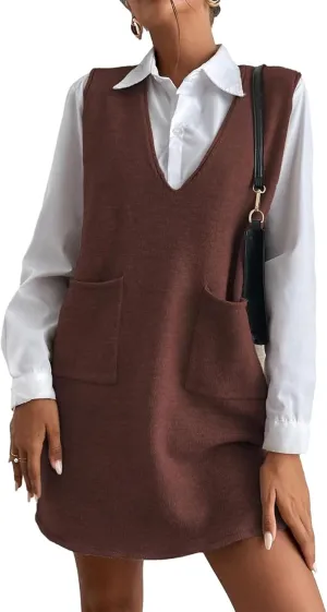 SEMATOMALA Women's Long Sweater Vest Overall Dress Oversized V Neck Sleeveless Spring Knit Shirt Short Dress
