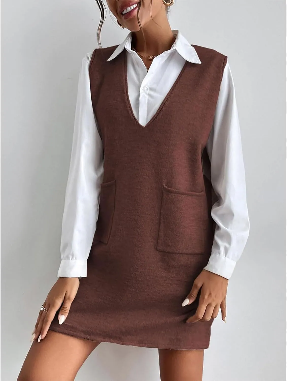 SEMATOMALA Women's Long Sweater Vest Overall Dress Oversized V Neck Sleeveless Spring Knit Shirt Short Dress