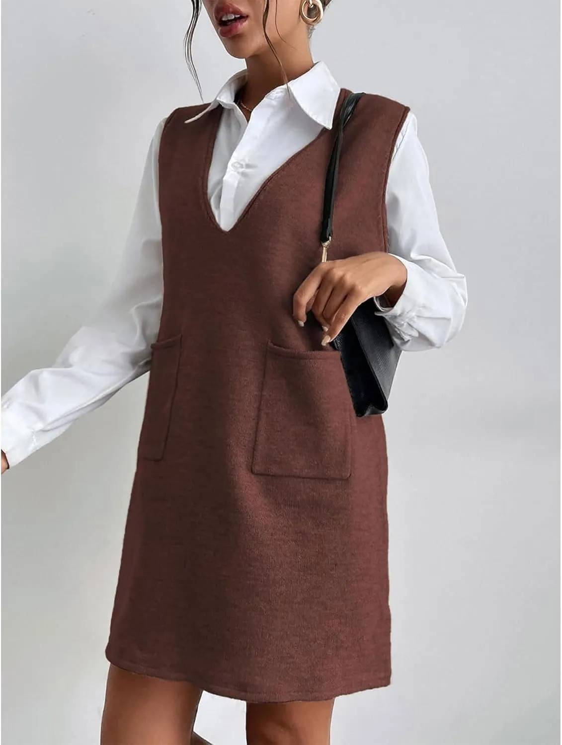 SEMATOMALA Women's Long Sweater Vest Overall Dress Oversized V Neck Sleeveless Spring Knit Shirt Short Dress