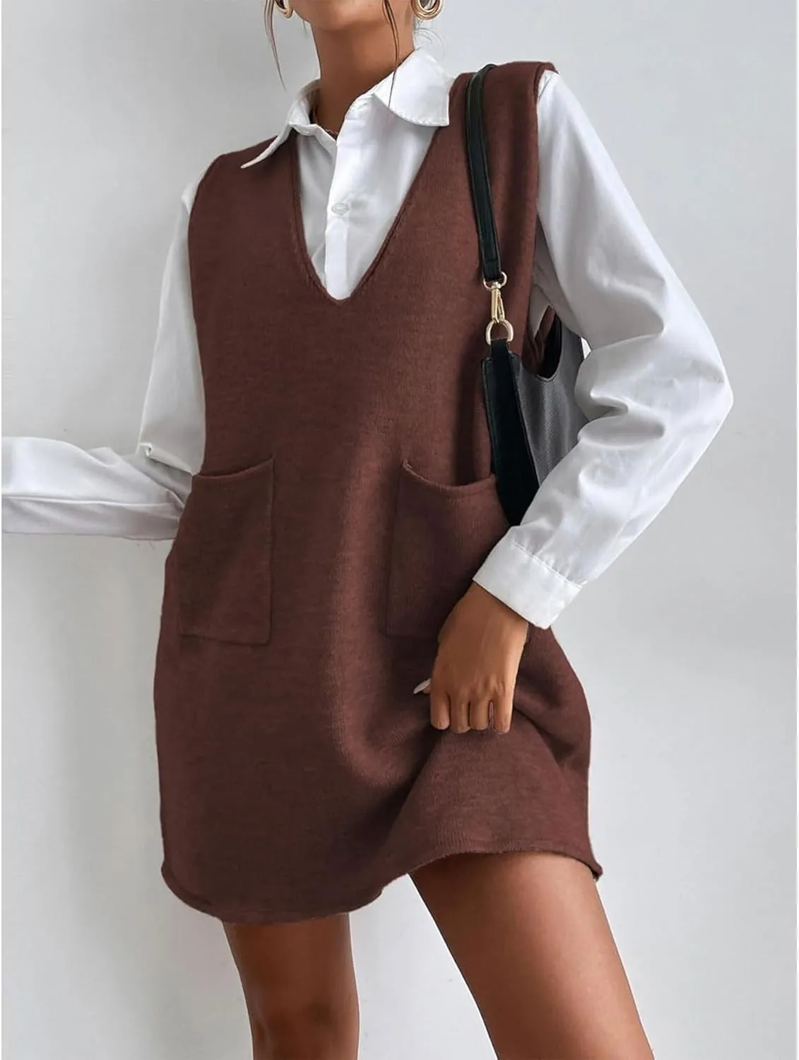 SEMATOMALA Women's Long Sweater Vest Overall Dress Oversized V Neck Sleeveless Spring Knit Shirt Short Dress