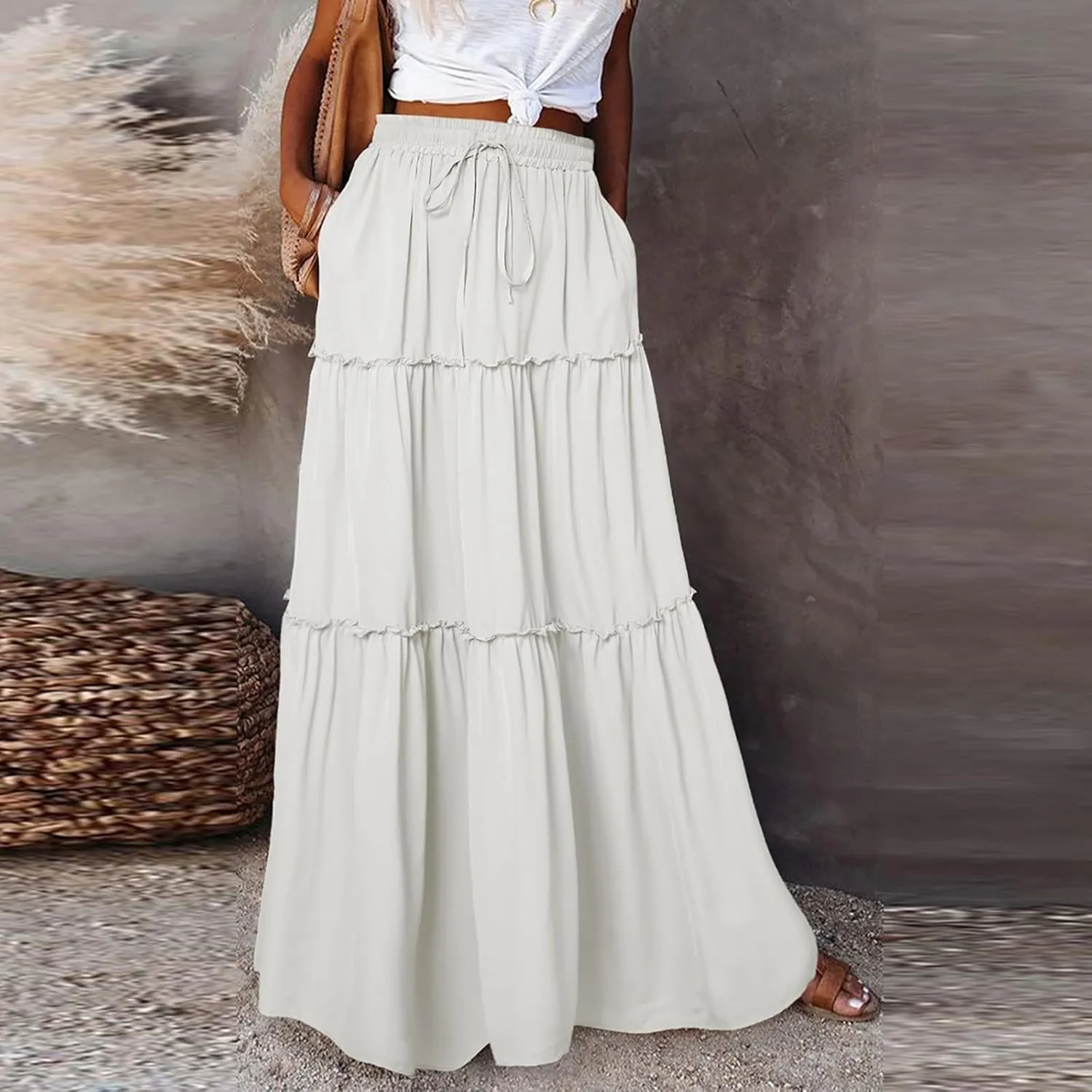 Skirts for Women Summer Flowy Tiered Elastic High Waisted Skirt Vacation Swing Long Solid/Floral Maxi Skirts