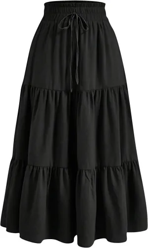 Skirts for Women Summer Flowy Tiered Elastic High Waisted Vacation Skirt A-Line Swing Long Floral Midi Skirts