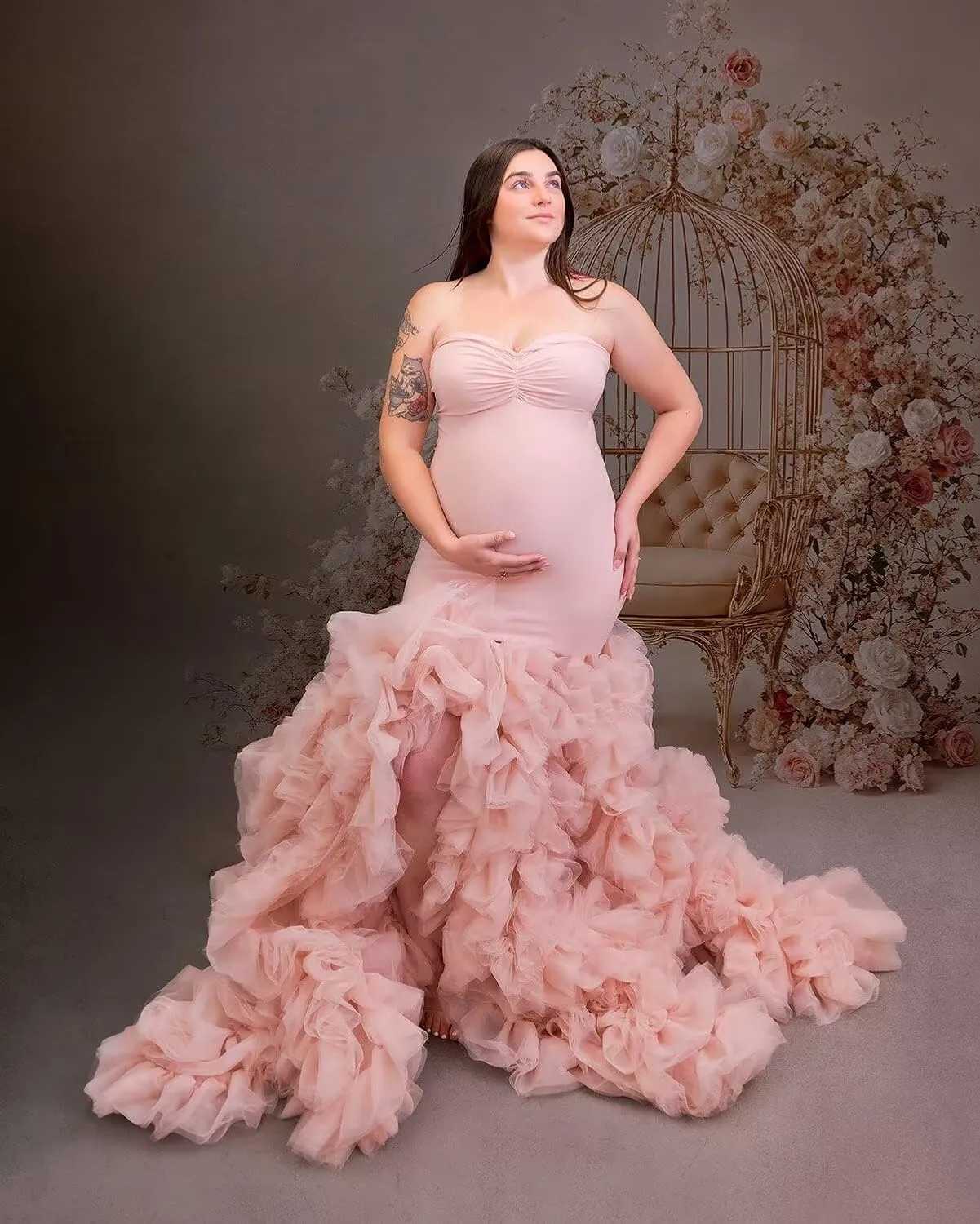 Stretchy Tight Maternity Dresses Pregnancy Gown for Photoshoot Strapless Ruffles Robe for Women Pregnant