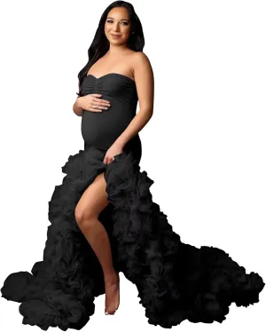Stretchy Tight Maternity Dresses Pregnancy Gown for Photoshoot Strapless Ruffles Robe for Women Pregnant