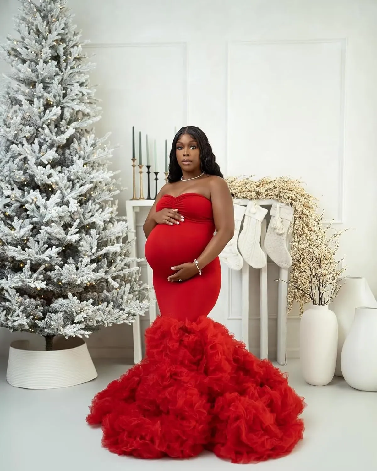 Stretchy Tight Maternity Dresses Pregnancy Gown for Photoshoot Strapless Ruffles Robe for Women Pregnant